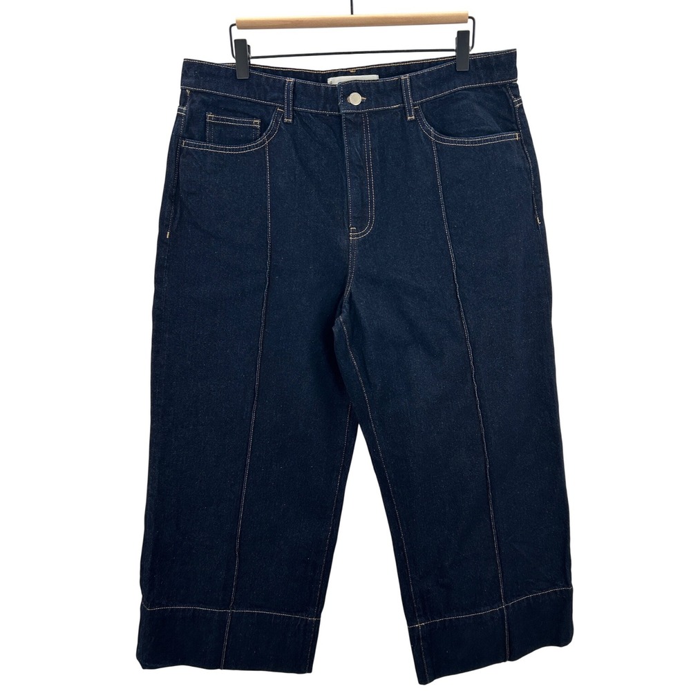 MNG‎ Mango Women Dark Wash Seam Detail Wide Leg Crop Jeans Size 12 Denim Pants